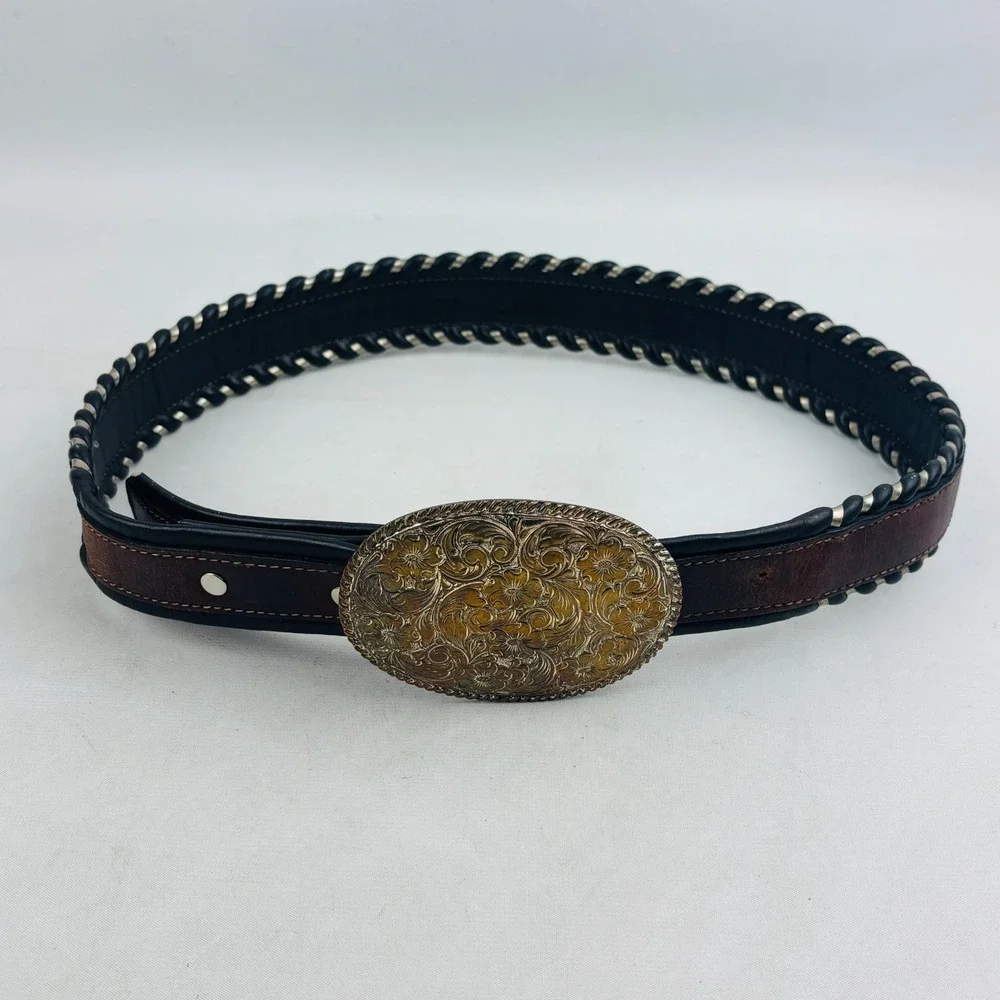 Crumrine Floral Silver Nickel Buckle Simco Saddles‎ Brown Leather Belt Waist 30